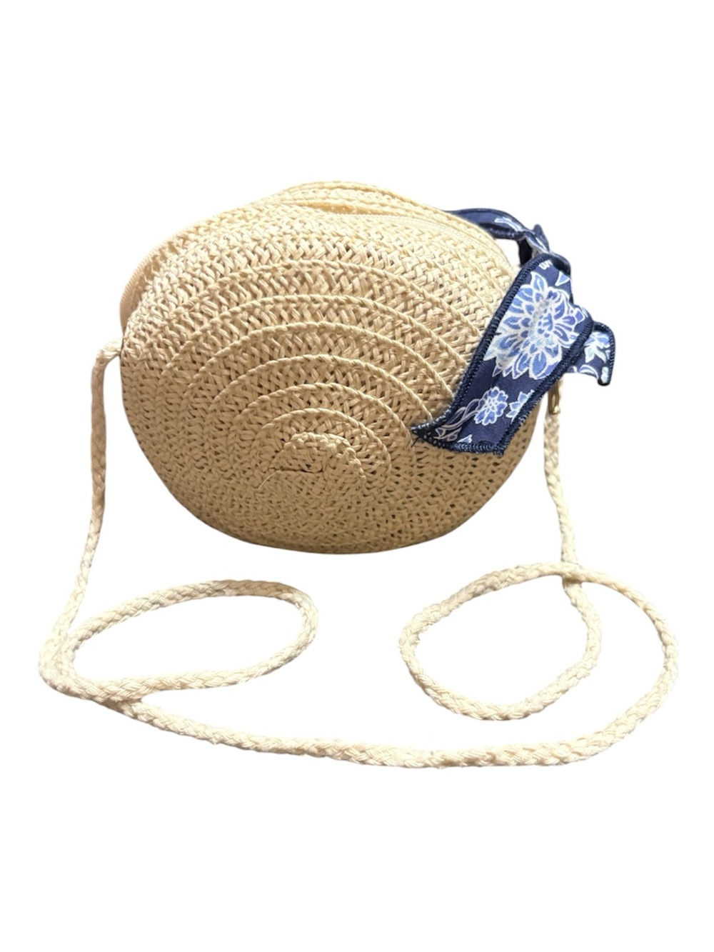 Round Straw Crossbody Bag with Blue Floral Accent